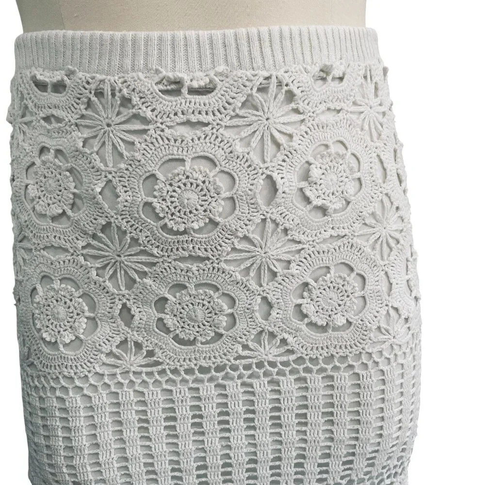 Boho Crochet Midi Skirt‎ White Floral Knit Lined 111 State XL Cottagecore - Picture 4 of 11